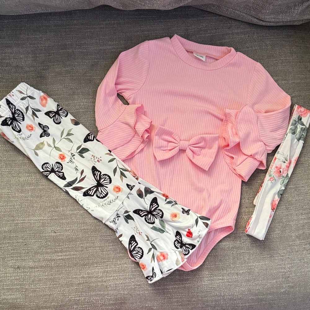 Pink Bow Ribbed Baby Bodysuit with Butterfly Floral Leggings & Headband